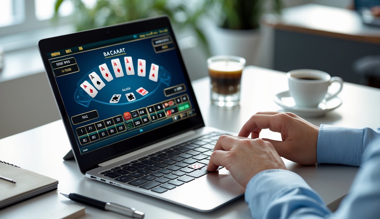 Seorang pemain sedang menggunakan laptop untuk bermain baccarat online di meja kerja yang rapi dengan kartu dan chip terlihat di layar.