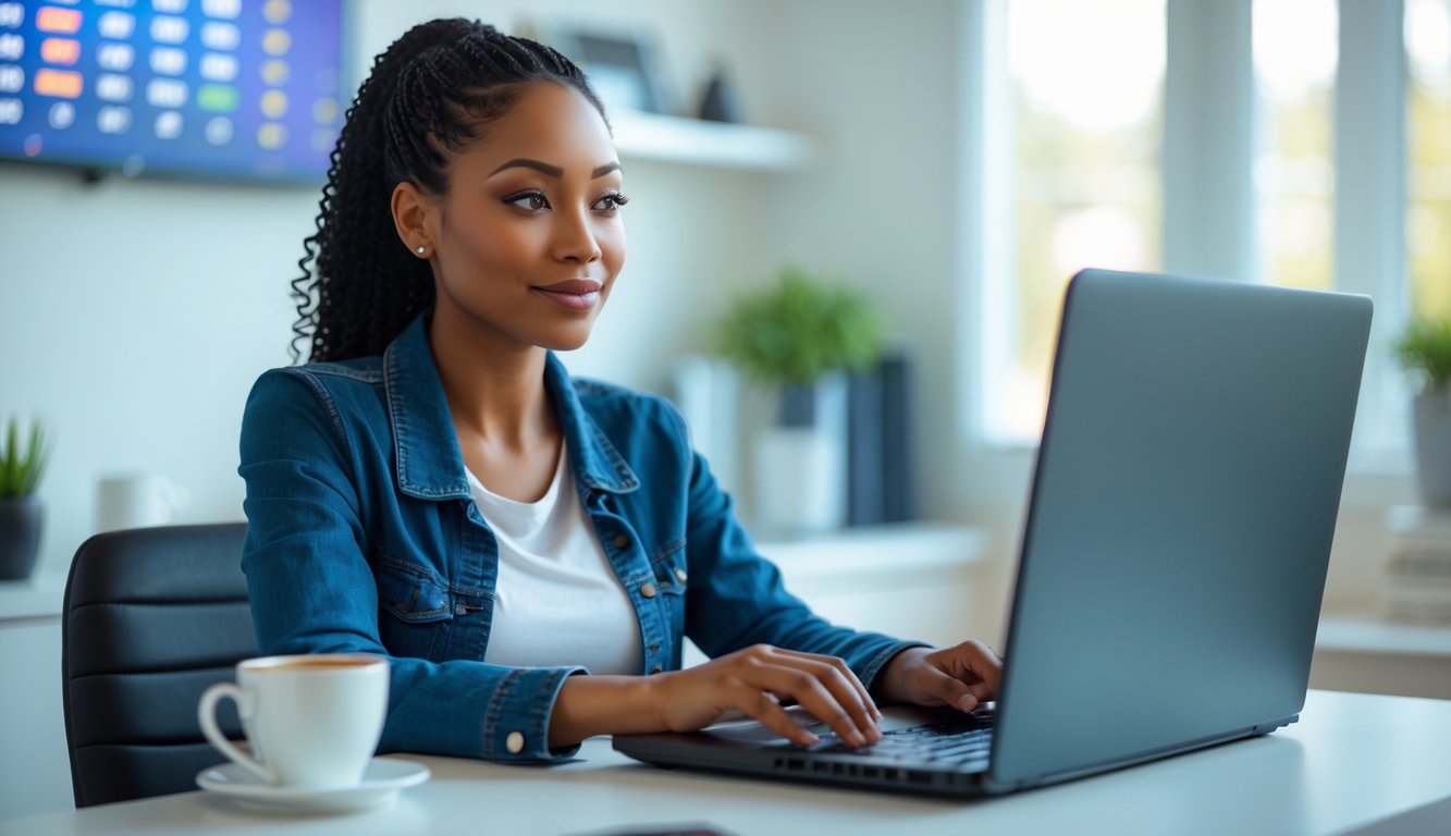 Seorang wanita muda duduk di meja kerja dengan laptop di ruang kantor rumah yang terang dan rapi, tampak fokus dan tenang.