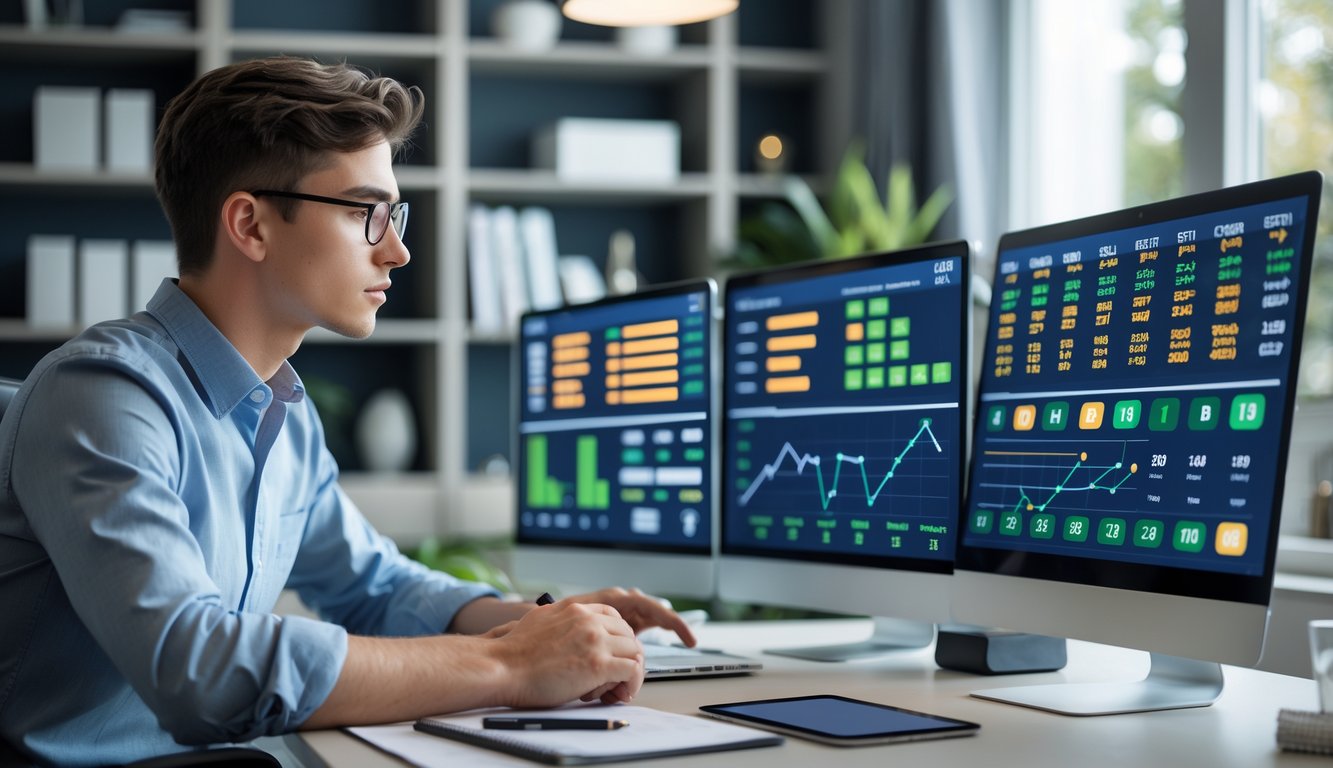 Seorang pria muda duduk di meja modern sambil menganalisis data di beberapa layar komputer dalam ruangan yang terang.
