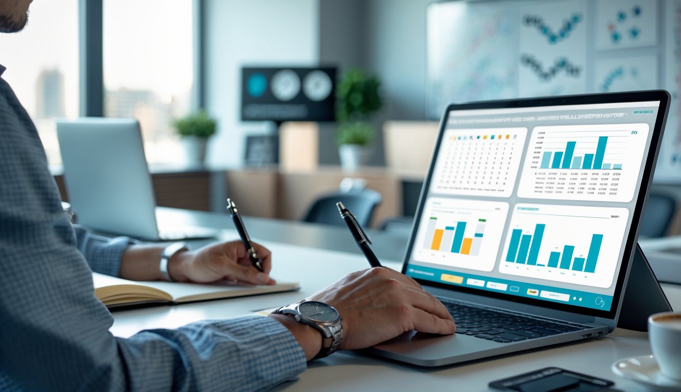 Seorang profesional sedang menganalisis data angka di depan laptop dan tablet di meja kerja modern.