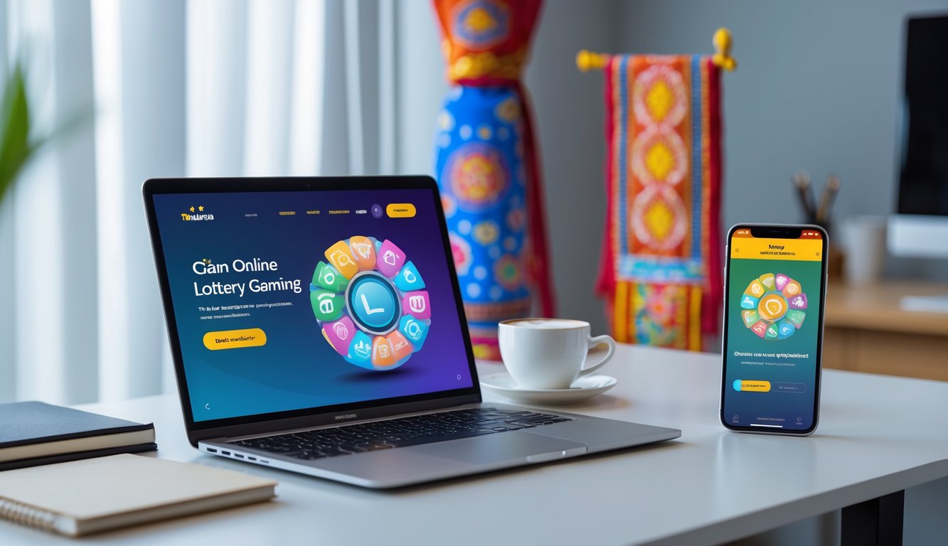Sebuah ruang kerja modern dengan laptop dan ponsel yang menampilkan antarmuka permainan togel online, dilengkapi dengan elemen budaya Indonesia di latar belakang.