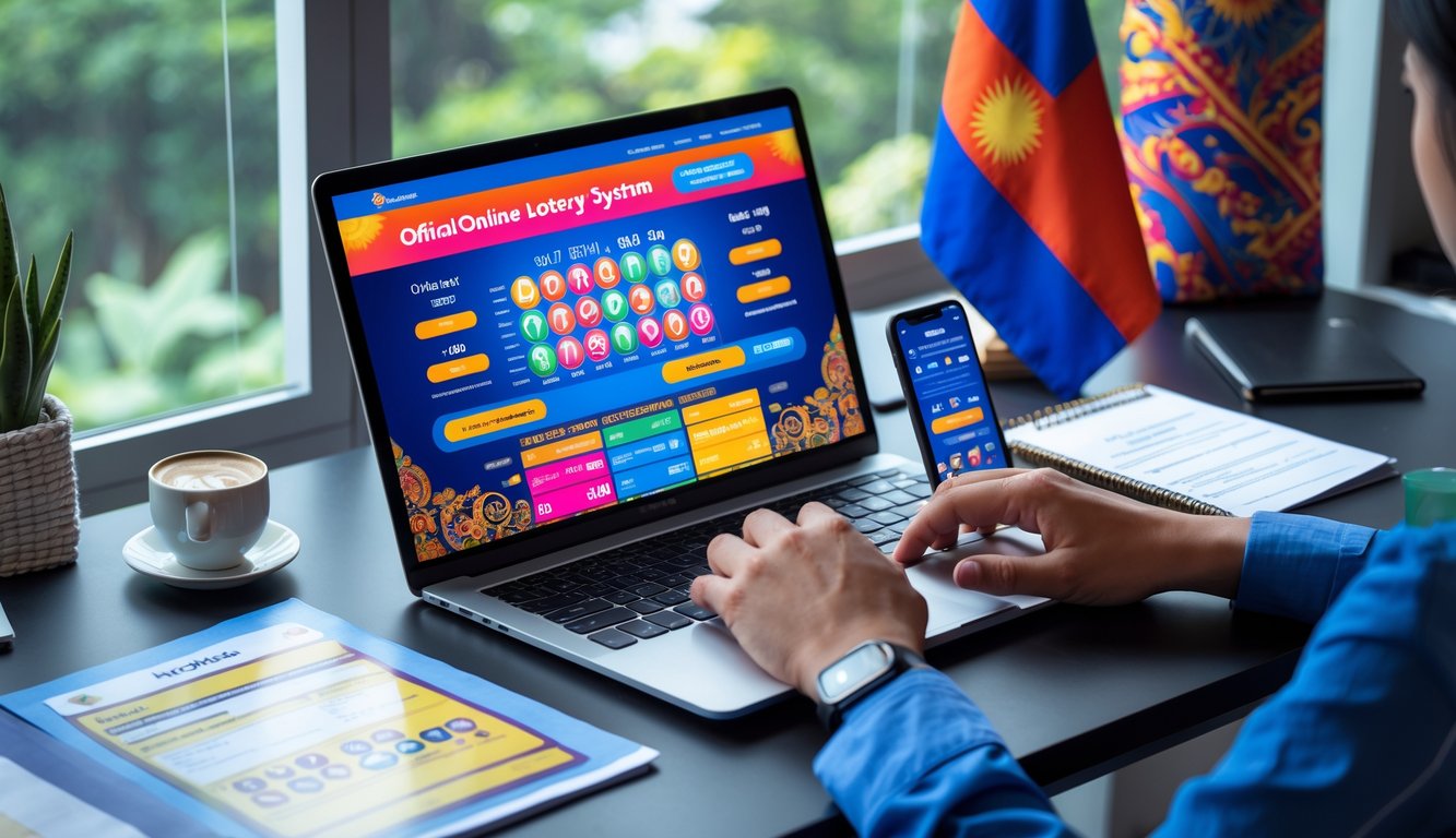 Meja kerja dengan laptop yang menampilkan situs togel online Indonesia, tangan seseorang sedang menggunakan laptop, dan bendera kecil Indonesia di meja.