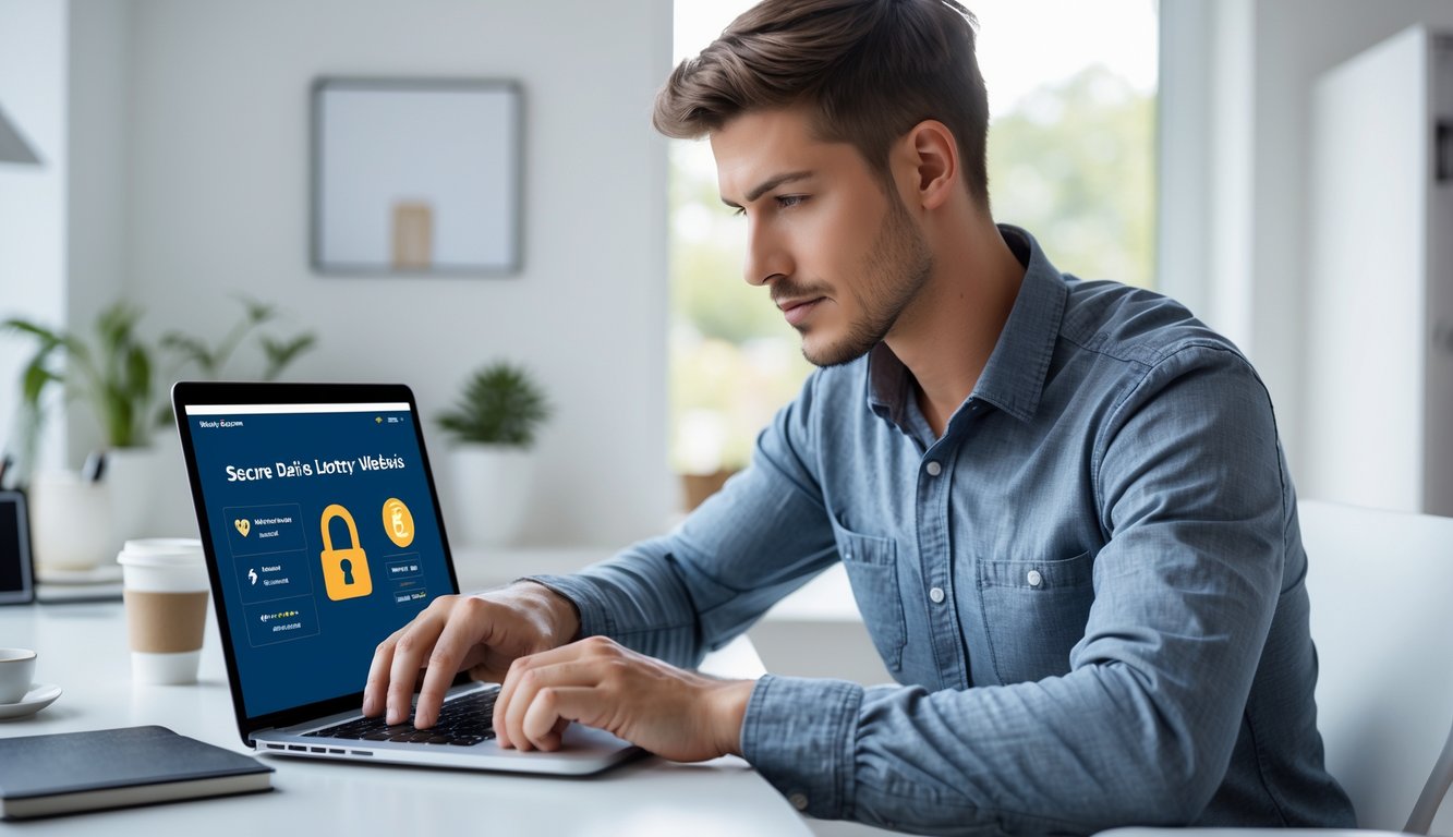 Seorang pria muda duduk di meja kerja dengan laptop, fokus memilih situs togel online yang aman dan terpercaya.