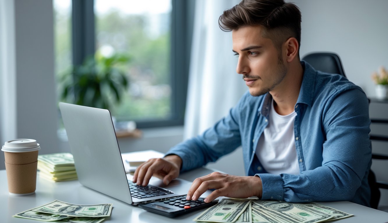Seorang pria muda duduk di meja dengan laptop, kalkulator, dan catatan keuangan, fokus mengelola modal saat bermain togel online.