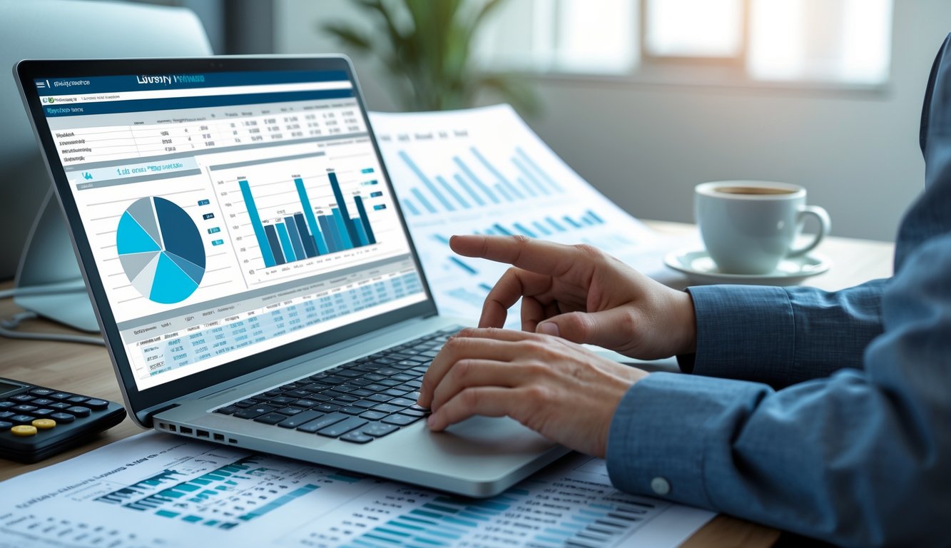 Meja kerja dengan laptop yang menampilkan grafik dan angka, tangan seseorang sedang menunjuk layar, dengan kertas berisi data dan kalkulator di sekitarnya.