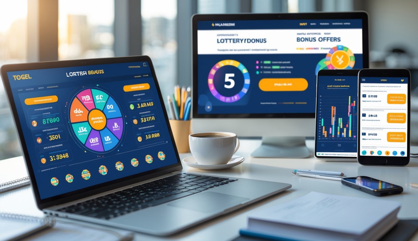 Sebuah meja kerja dengan beberapa perangkat digital yang menampilkan grafik dan antarmuka situs togel online, dengan suasana kantor yang rapi dan profesional.