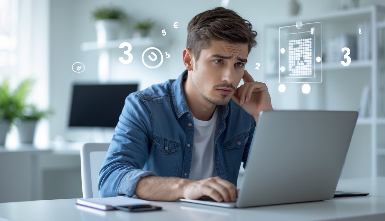 Seorang pria muda duduk di meja kerja dengan laptop dan ponsel, tampak berpikir dan hati-hati di ruang kantor rumah yang terang.