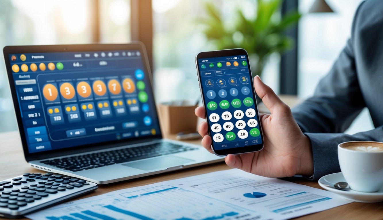 Meja kerja dengan laptop dan ponsel yang menampilkan aplikasi togel online, dokumen keuangan, dan kalkulator di sekitarnya.