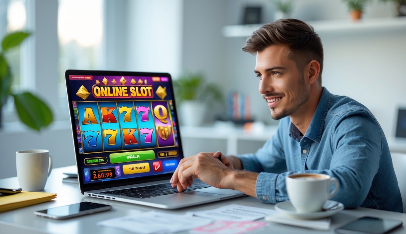 Seorang pemula duduk di meja kerja dengan laptop yang menampilkan permainan slot online, dikelilingi catatan dan ponsel, di ruangan terang dengan cahaya alami.