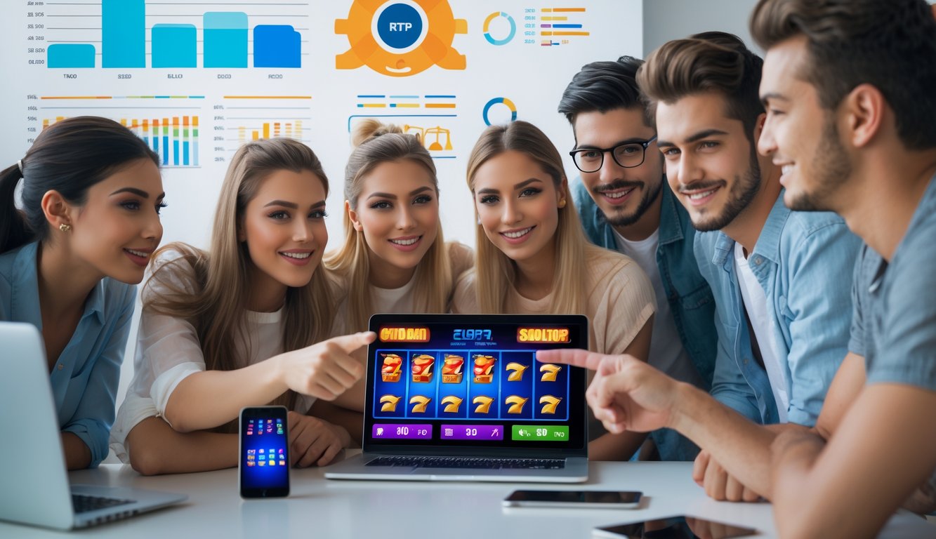 Beberapa orang muda sedang fokus bermain slot online di laptop dan ponsel di ruangan yang nyaman.