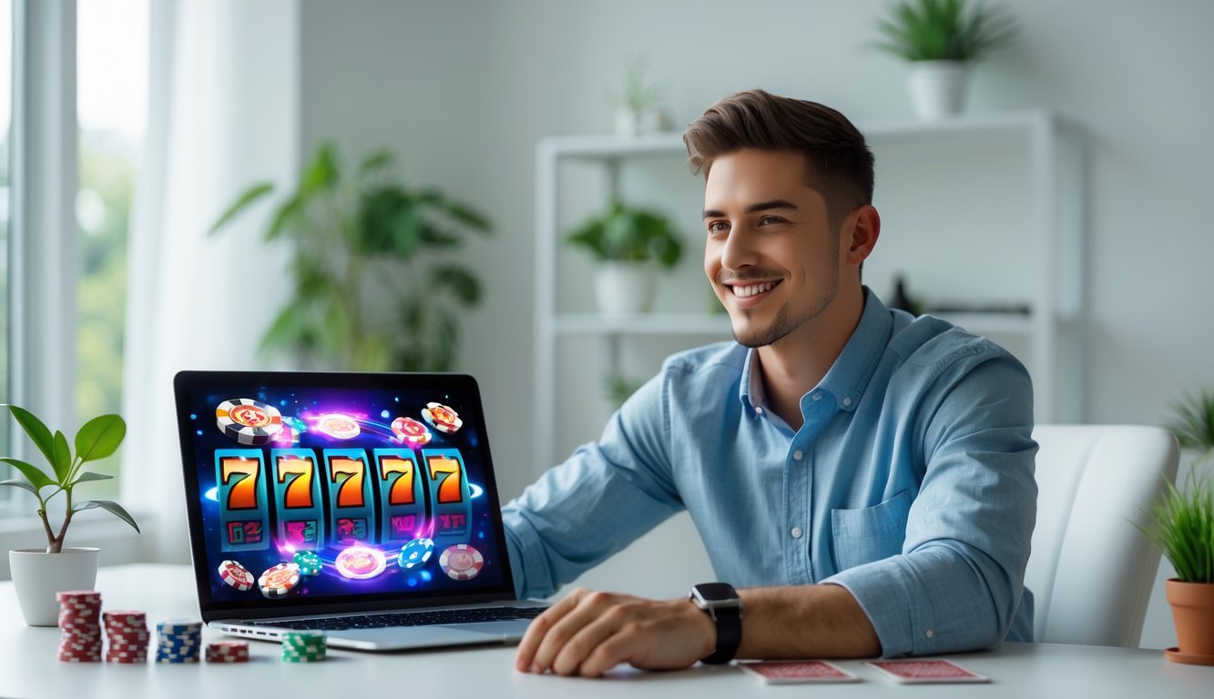 Seorang pria muda duduk di meja dengan laptop yang menampilkan gambar mesin slot, tersenyum dan terlihat percaya diri.