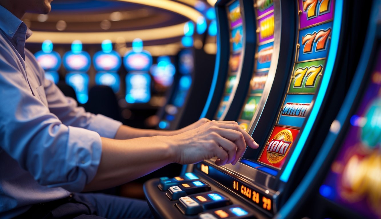 Seseorang sedang bermain mesin slot dengan latar belakang kasino yang terang dan ramai.