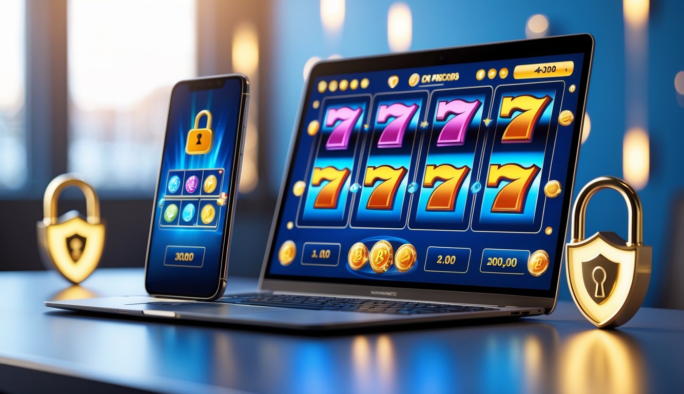 Seorang pria menggunakan laptop dan smartphone yang menampilkan permainan slot dengan simbol jackpot di meja kerja yang terang dan rapi.