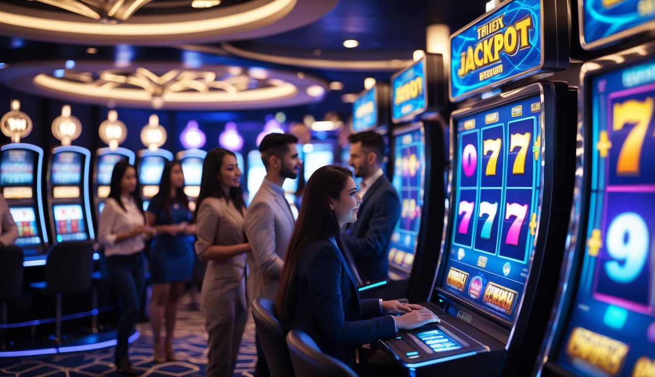 Orang-orang bermain mesin slot digital di ruang kasino modern dengan suasana cerah dan menarik.