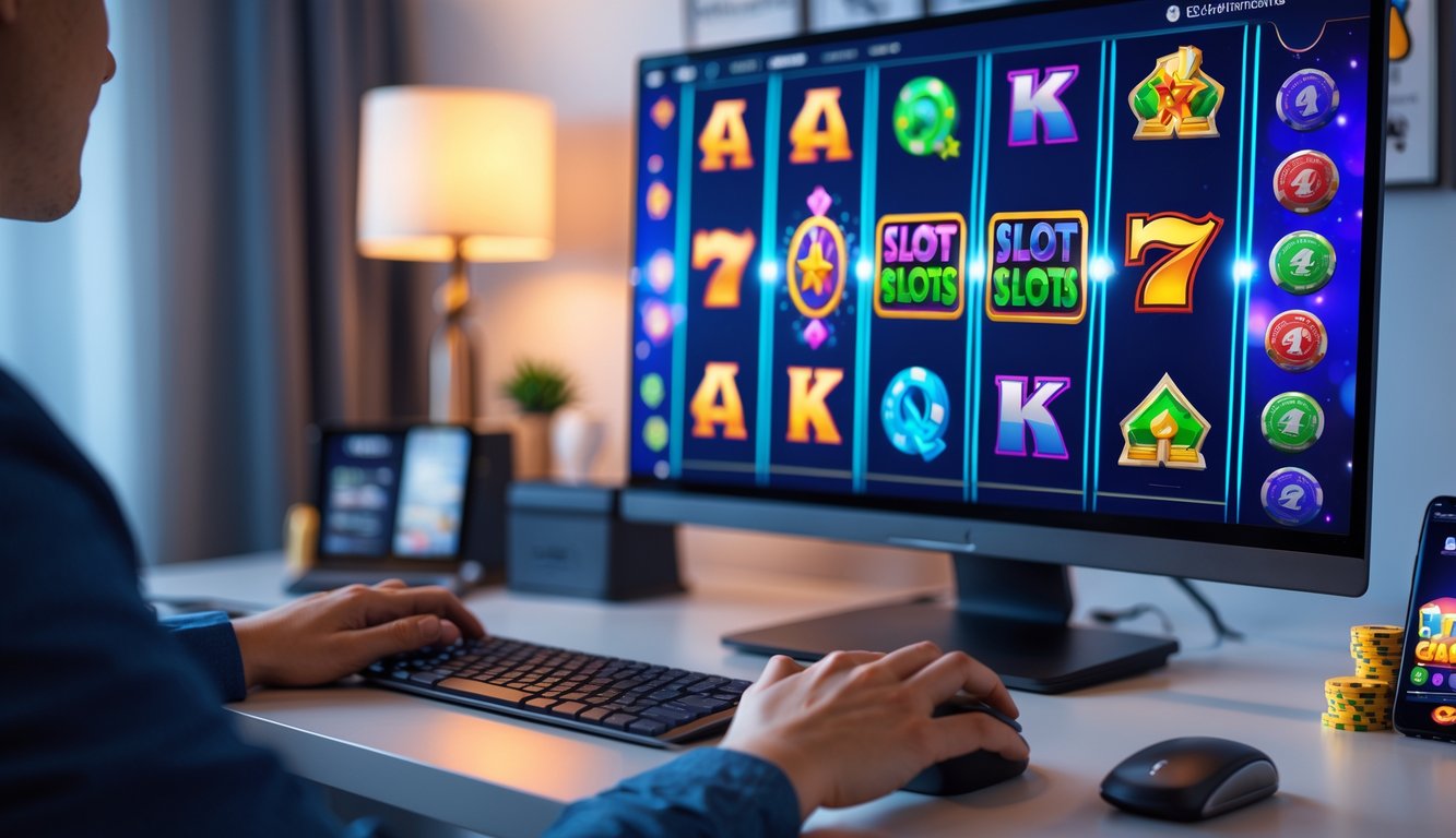 Seseorang sedang bermain permainan slot online di komputer dengan layar menampilkan gulungan warna-warni dan simbol scatter.