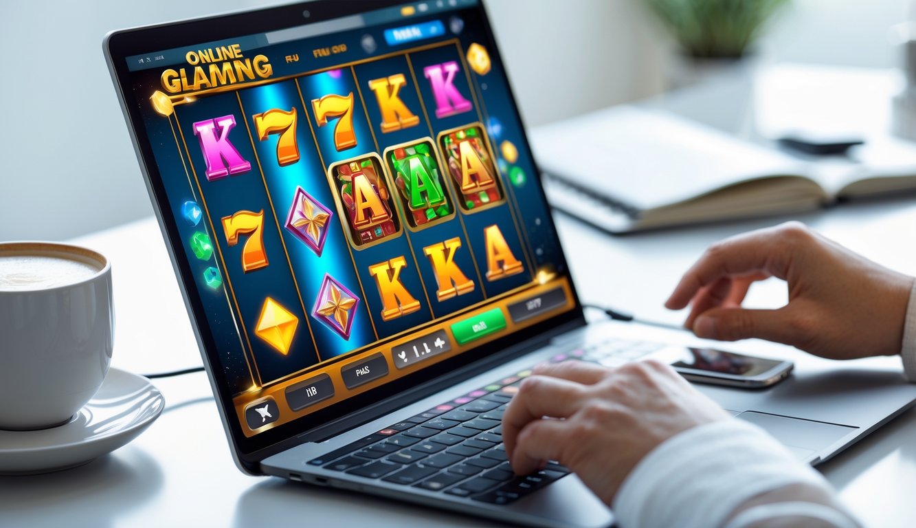 Tangan seseorang sedang bermain permainan slot online di laptop dengan latar belakang meja kerja yang rapi.