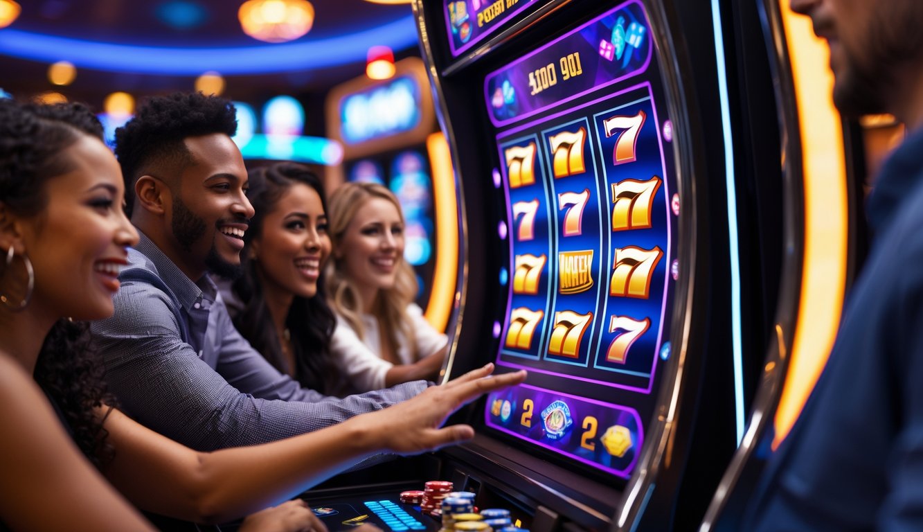 Beberapa orang sedang bermain mesin slot digital di kasino dengan suasana yang cerah dan penuh semangat.