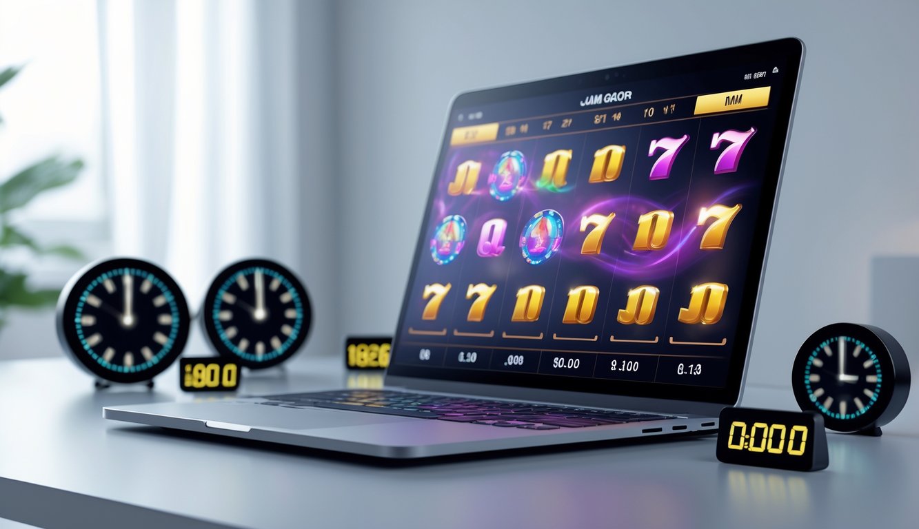 Layar komputer menampilkan permainan slot online dengan gulungan berwarna-warni dan jam digital di latar belakang yang menunjukkan waktu tertentu.