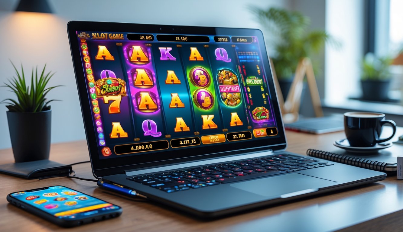 Meja kerja dengan laptop menampilkan permainan slot online, smartphone, buku catatan, dan cangkir kopi di lingkungan kantor yang rapi.