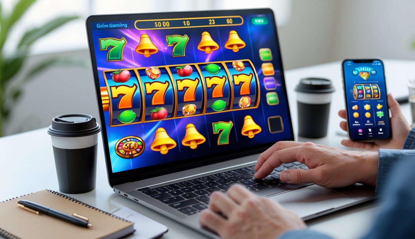 Seorang pengguna sedang bermain slot online di komputer dengan suasana yang nyaman dan alat tulis di meja.