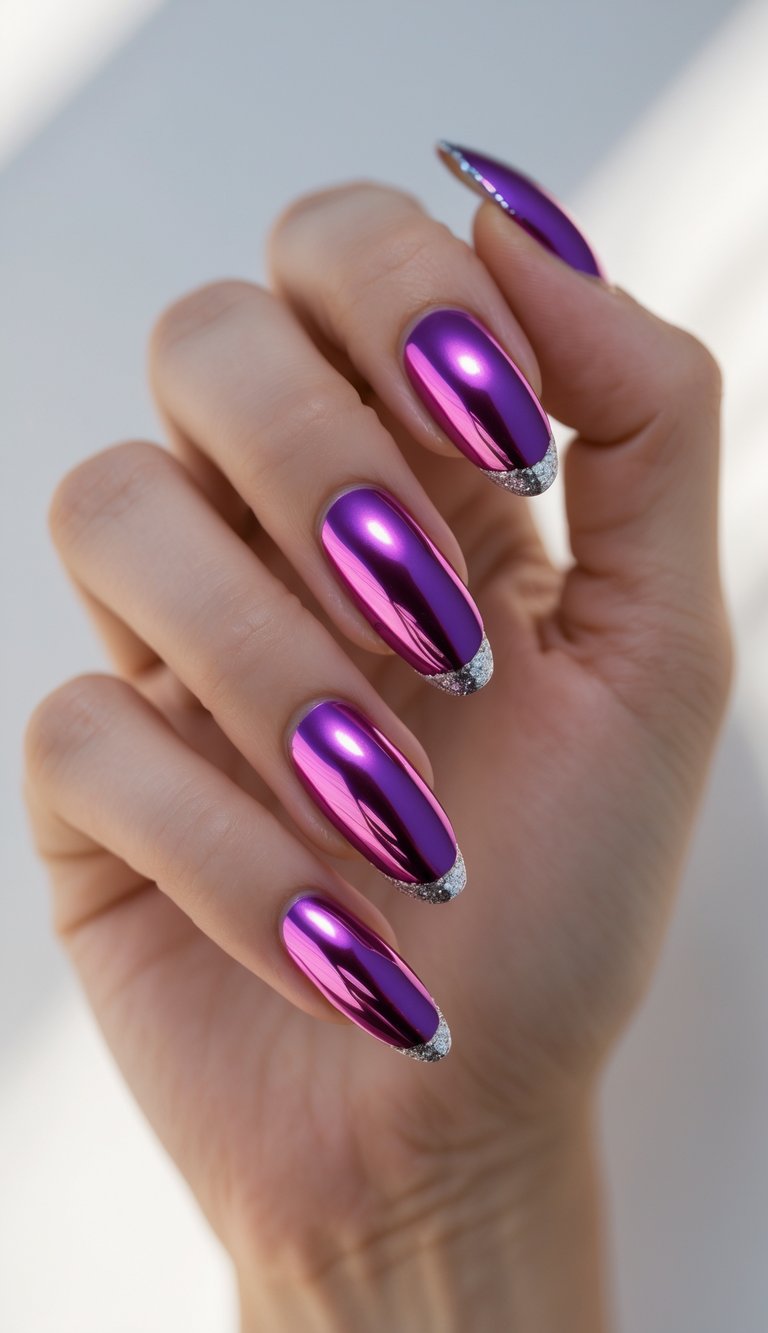 Close-up of one hand with magenta chrome French tip nails against a white background.