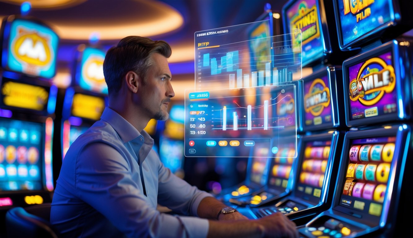 Seorang pria dewasa sedang melihat data statistik RTP secara langsung di layar digital di depan mesin slot di dalam kasino.