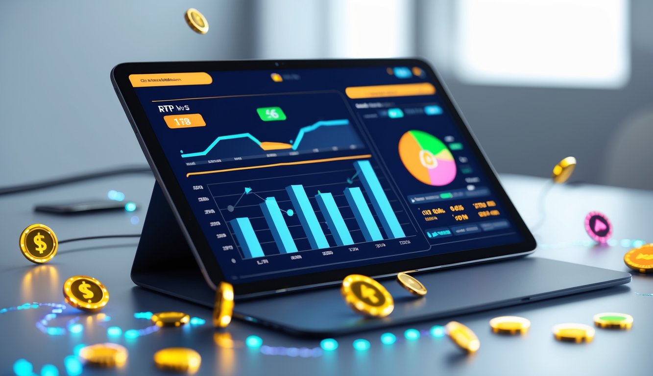 Layar perangkat digital menampilkan statistik dan grafik terkait permainan slot online dengan simbol mesin slot di sekitar, di atas meja kerja yang rapi.