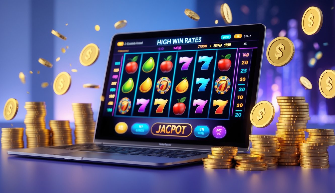 Sebuah meja dengan komputer menampilkan permainan slot online dengan simbol warna-warni dan tumpukan koin emas serta chip kasino di sekitarnya.