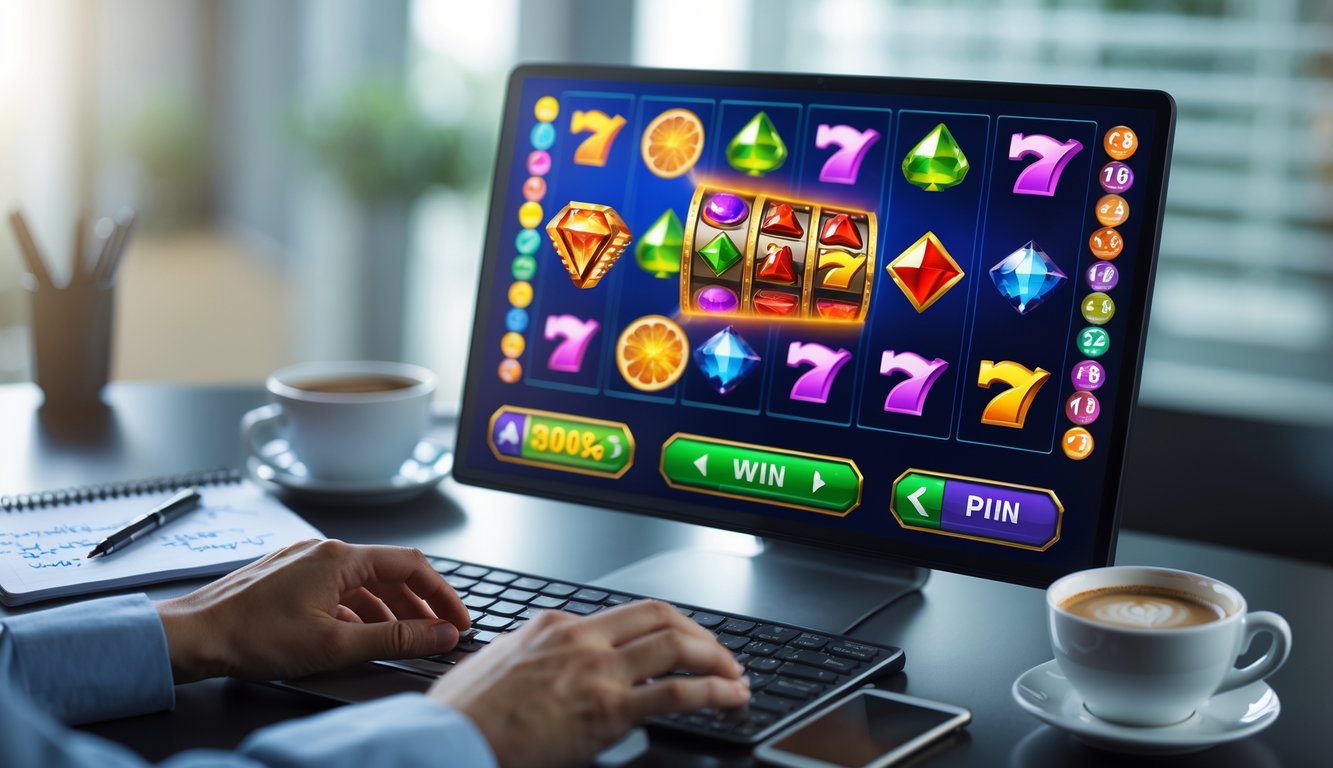 Seorang pemain sedang bermain game slot online di komputer dengan layar menampilkan gulungan slot berwarna-warni, di atas meja terdapat catatan dan cangkir kopi.