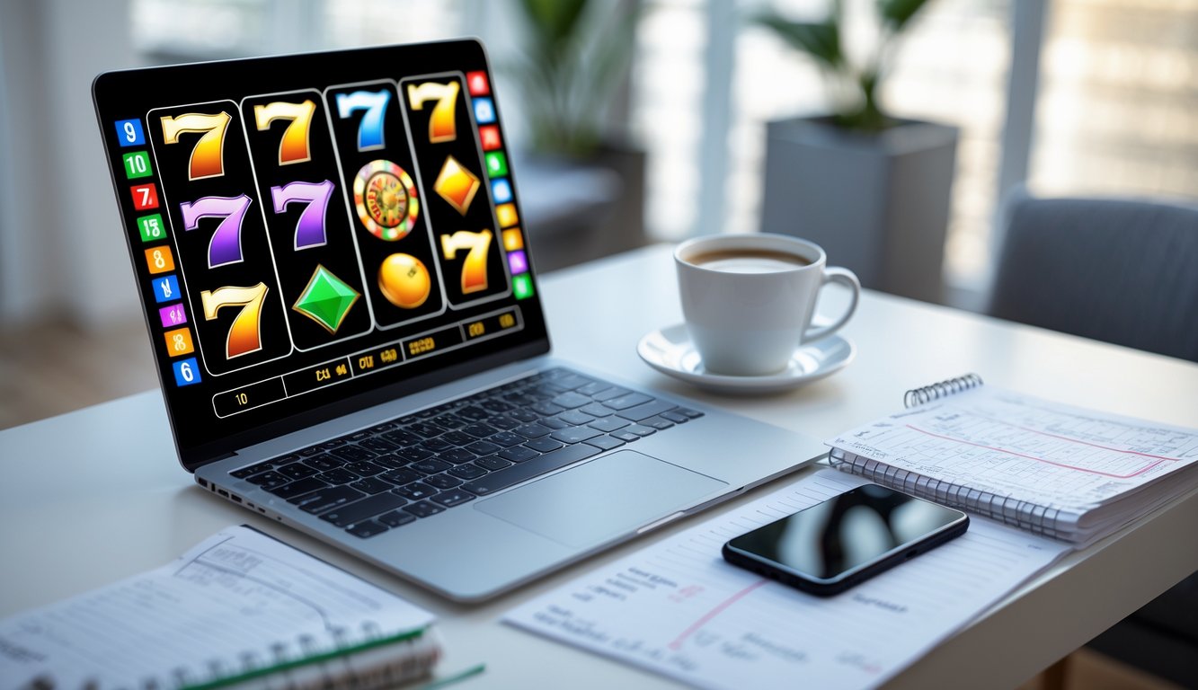 Seorang pengguna duduk di depan laptop yang menampilkan mesin slot online dengan catatan dan grafik di meja kerja.