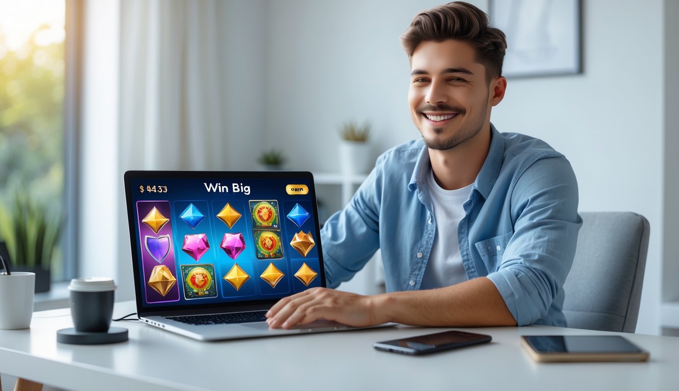 Seorang pria muda duduk di meja dengan laptop yang menampilkan permainan slot online, tersenyum puas di ruangan kantor rumah yang terang dan rapi.