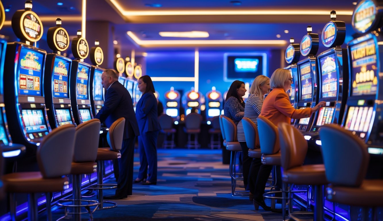 Beberapa orang bermain mesin slot berwarna-warni di dalam kasino yang terang dan aman.