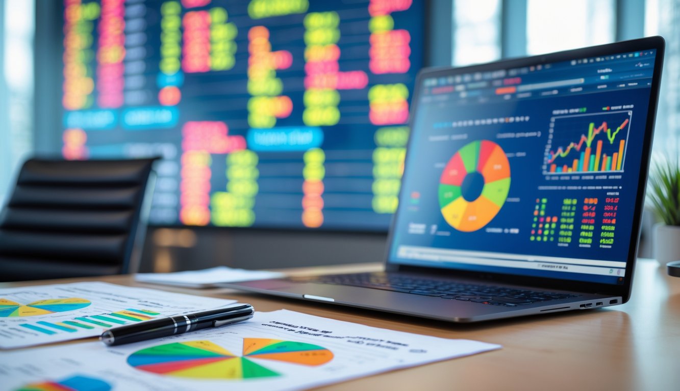 Meja kantor modern dengan laptop yang menampilkan grafik dan data angka, kertas cetak dengan angka dan pena, serta layar digital di latar belakang yang menunjukkan angka hasil terbaru.