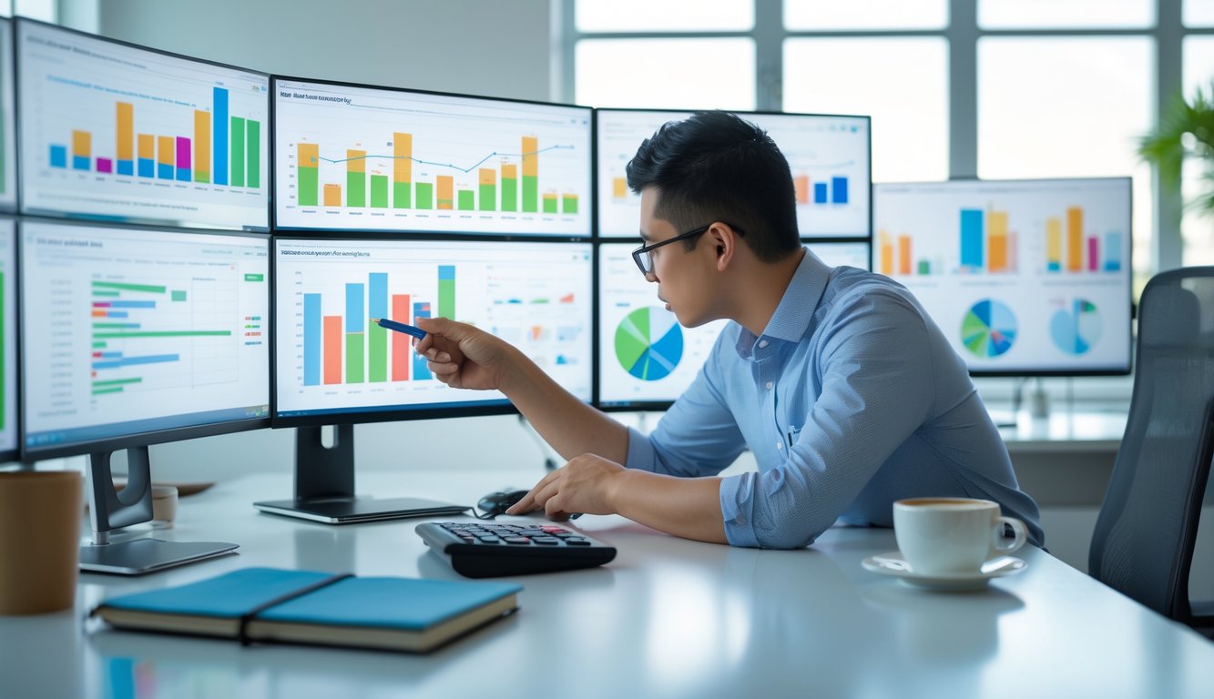 Seorang pria sedang menganalisis data statistik pada beberapa layar komputer di meja kerja yang rapi dengan cahaya alami dari jendela.