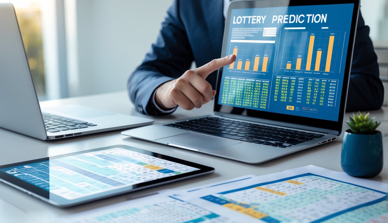 Seorang profesional sedang menganalisis data statistik dengan perangkat digital dan dokumen di meja kerja.