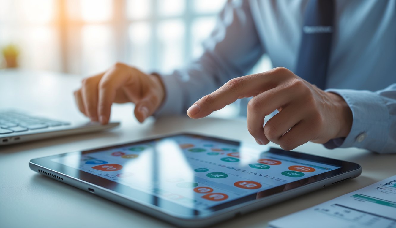Seseorang sedang menganalisis hasil lotre pada tablet digital di meja kerja yang rapi.