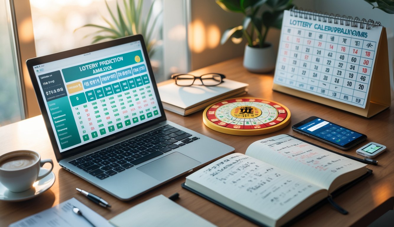 Meja kerja dengan laptop, catatan, kalender shio, dan alat tulis, menunjukkan suasana analisis prediksi angka togel.