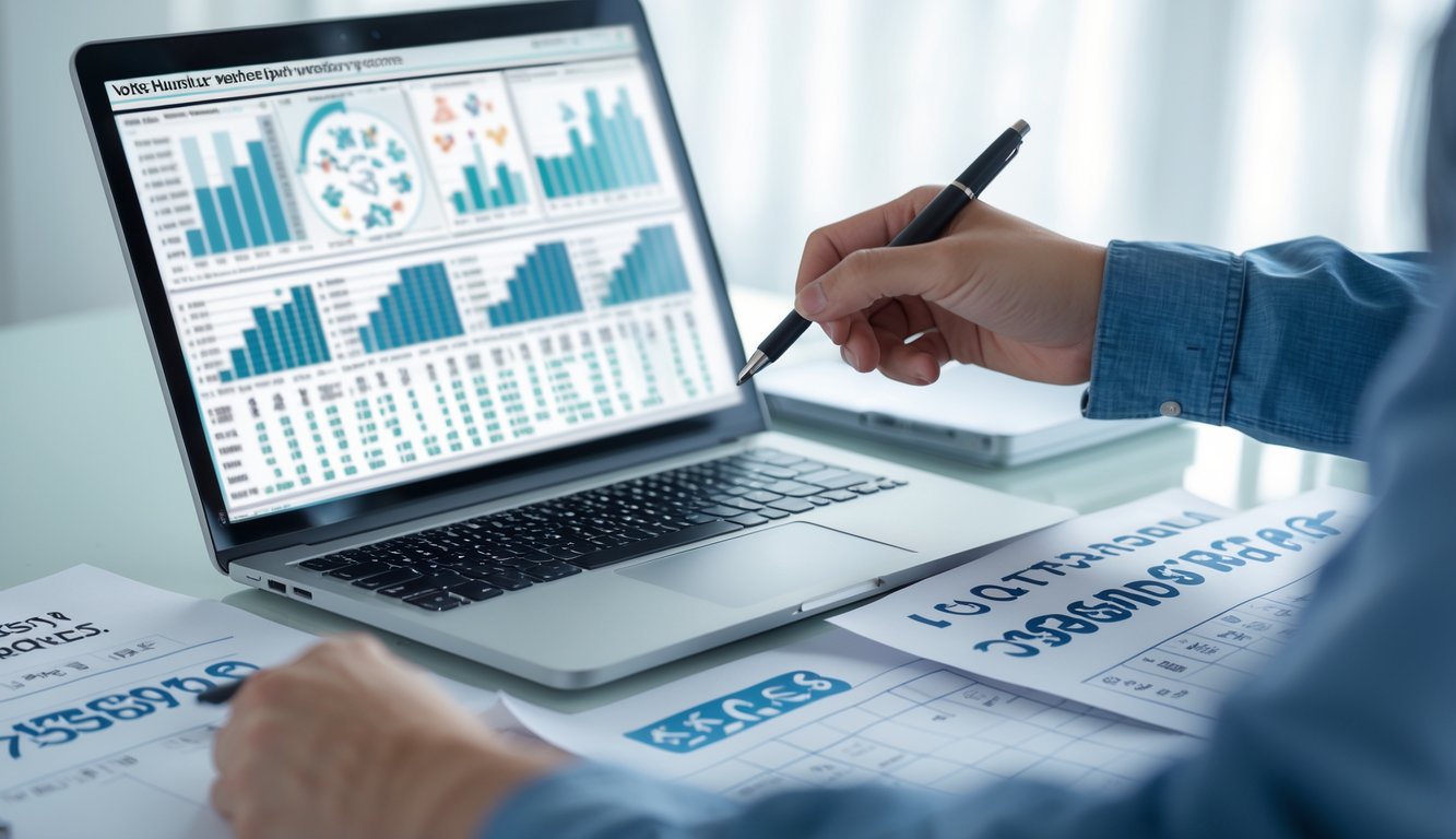 Seorang profesional sedang menganalisis data angka dan simbol shio di meja kerja dengan laptop dan catatan.