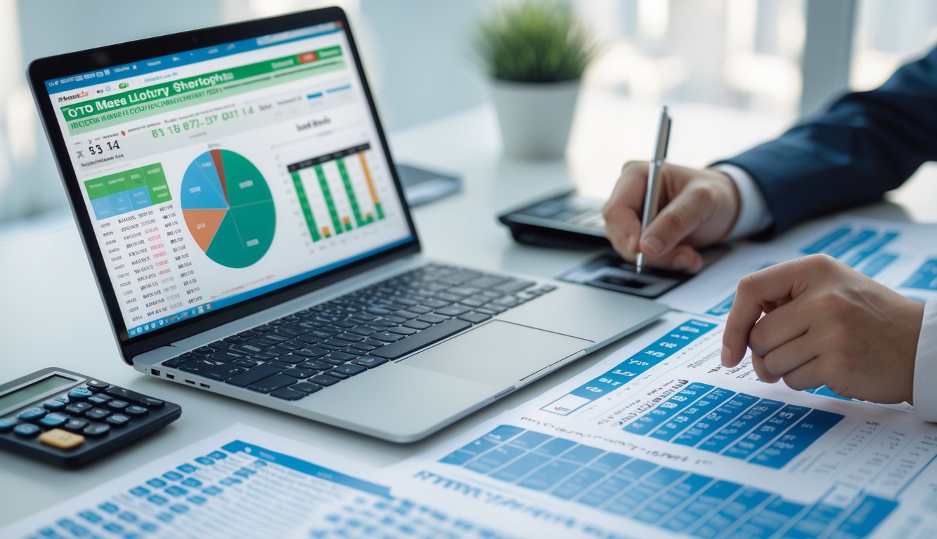 Meja kerja dengan laptop, kalkulator, dan lembar data yang sedang dianalisis oleh seseorang.