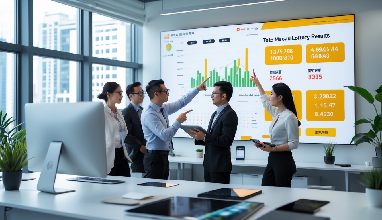Sejumlah profesional sedang memantau hasil Toto Macau secara real-time di ruang kantor dengan komputer dan layar digital besar.
