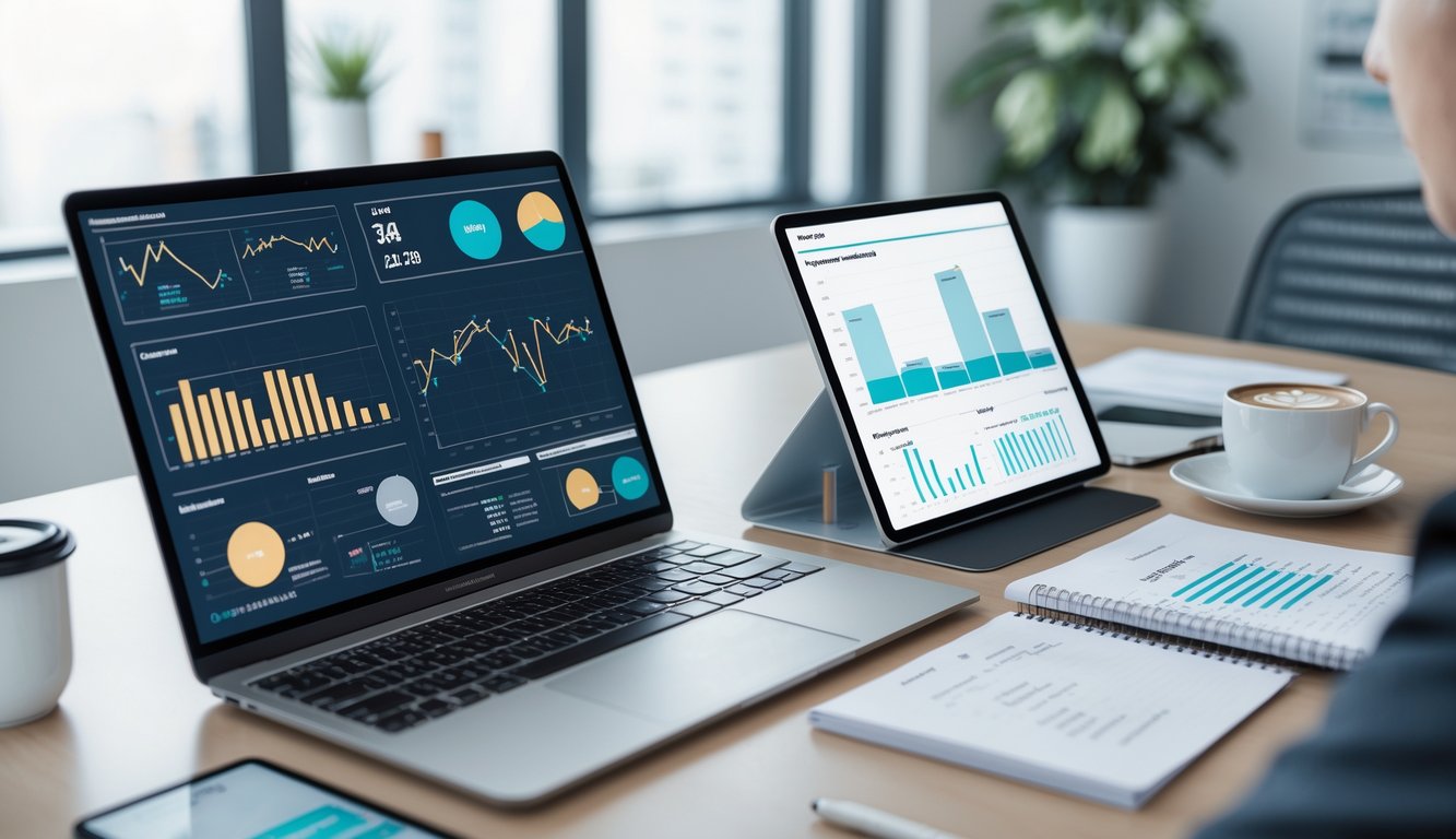 Suasana kantor modern dengan laptop dan tablet yang menampilkan grafik dan data analisis, serta alat tulis di meja.