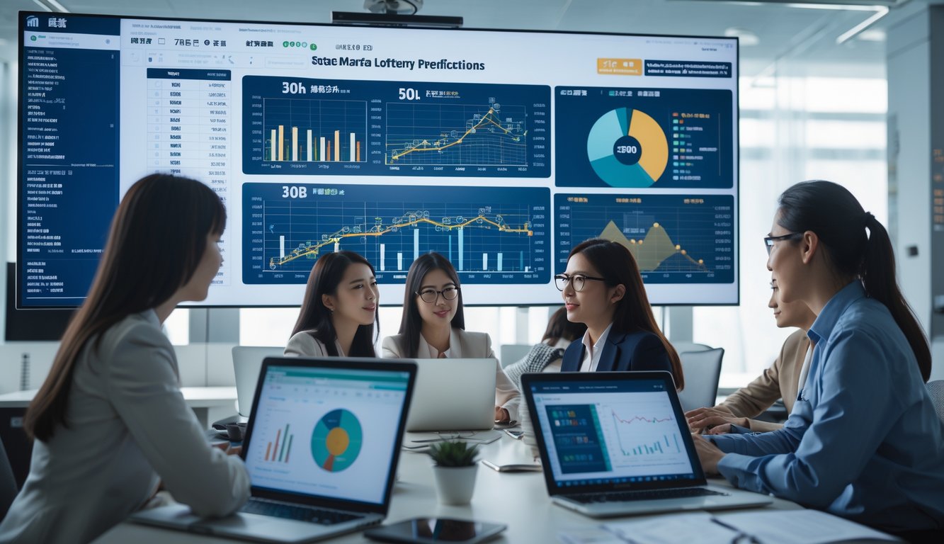 Sekelompok analis bekerja bersama di kantor modern dengan layar digital besar yang menampilkan grafik dan data prediksi Toto Macau selama 30 hari terakhir.