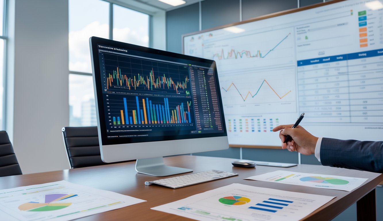 Seseorang sedang menganalisis data statistik di depan komputer dengan grafik dan angka di meja kerja.
