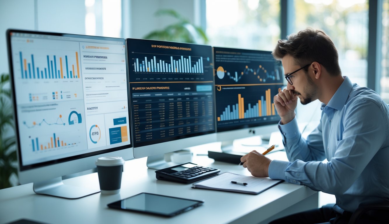 Seorang profesional sedang menganalisis data statistik di meja kerja dengan komputer dan alat tulis di kantor yang rapi.