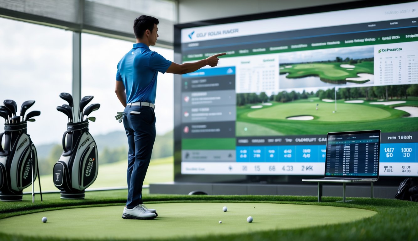 Seorang pegolf pemula menerima pengarahan dari pelatih golf di dalam fasilitas latihan golf dengan layar digital menampilkan tata letak lapangan golf dan data taruhan.
