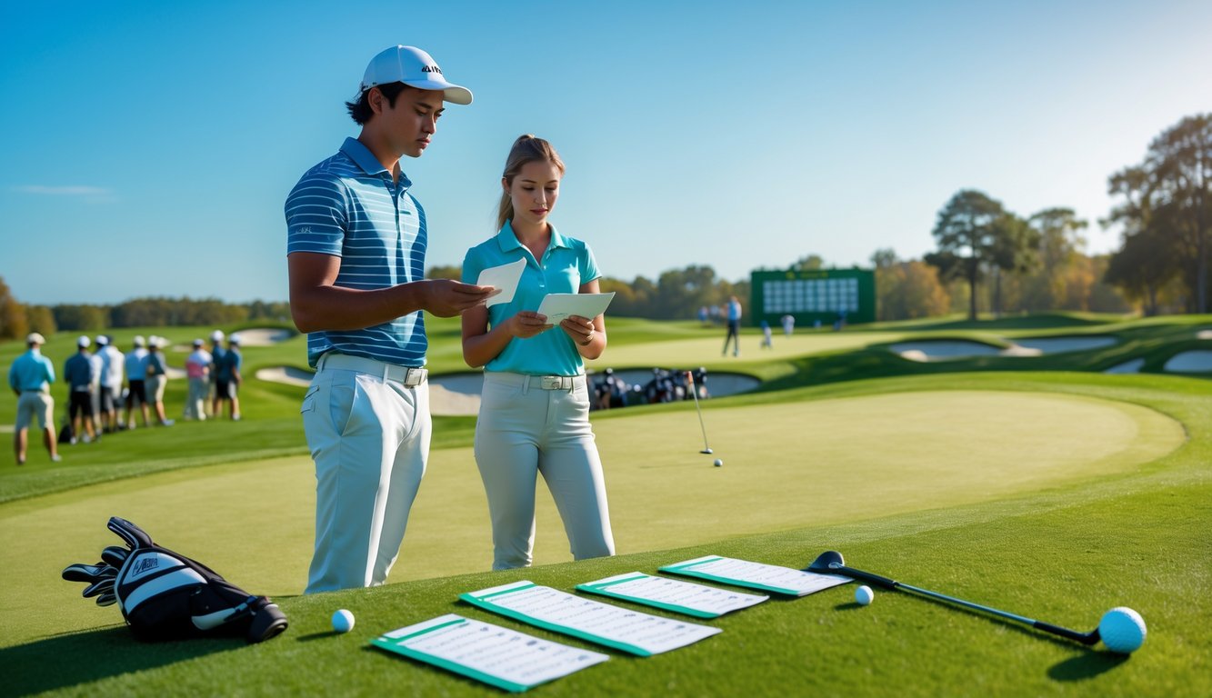 Dua pemain golf muda berdiri di lapangan golf sambil membahas strategi taruhan dengan kartu skor, latar belakang turnamen golf besar.