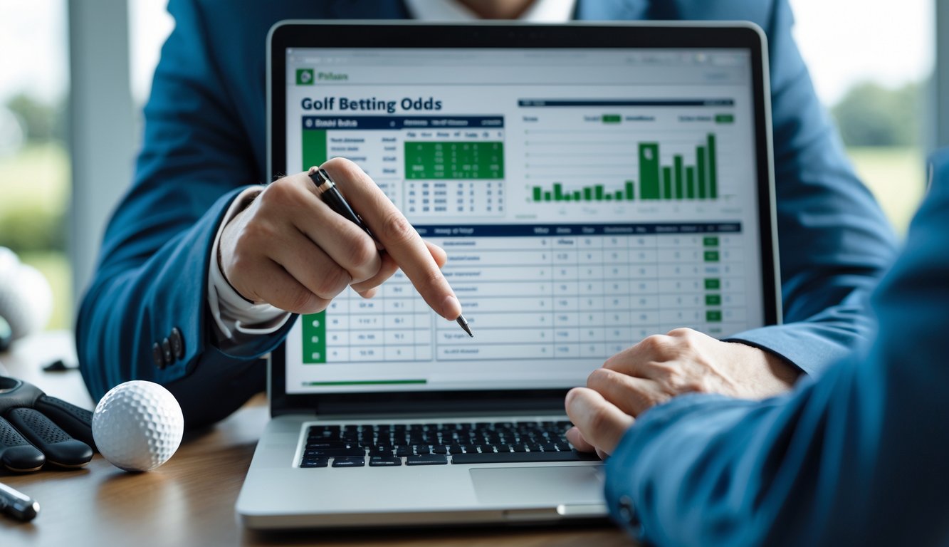 Seseorang sedang menganalisis statistik dan peluang taruhan golf di depan laptop dengan perlengkapan golf di meja.