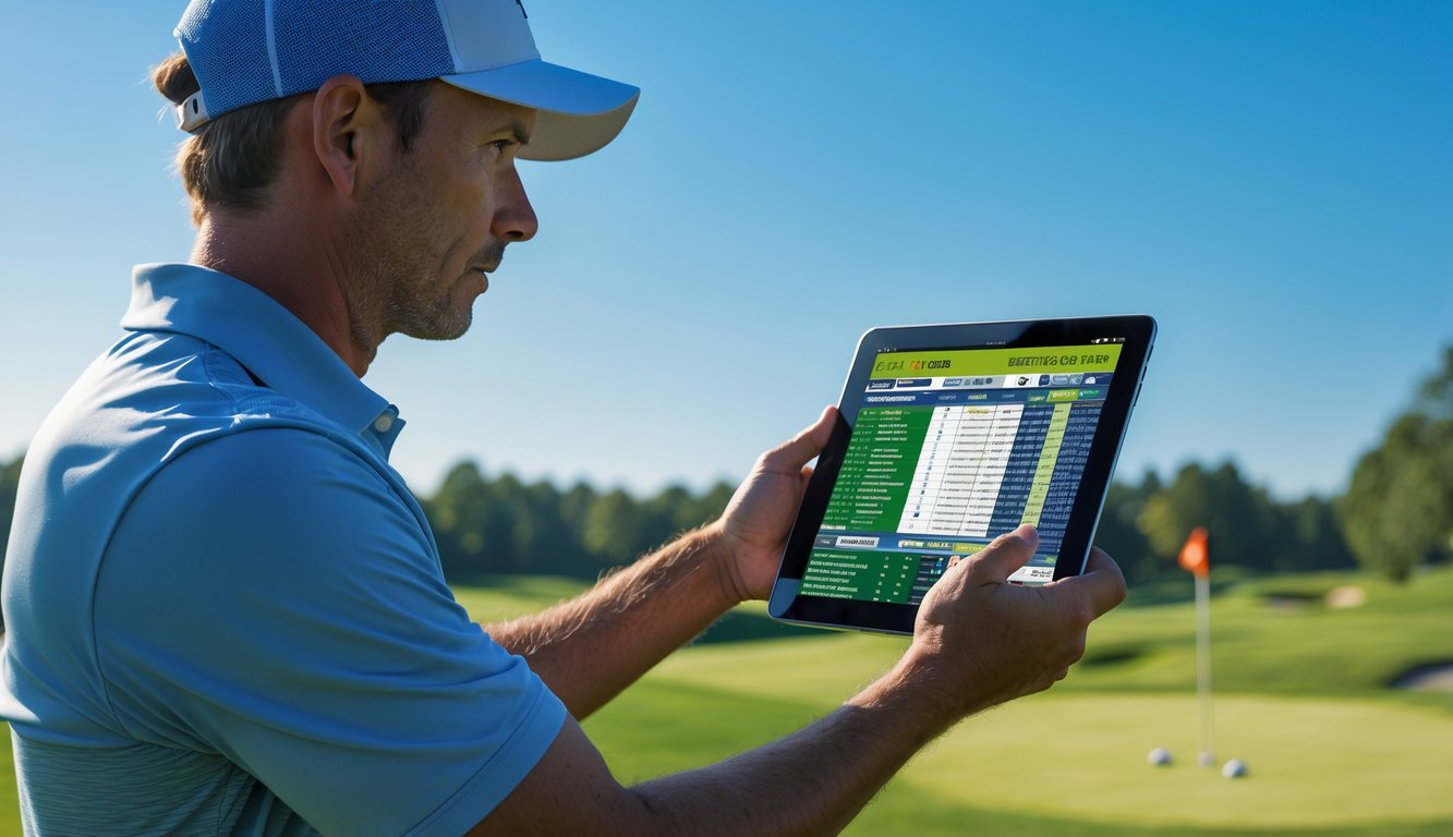 Seorang pegolf pria sedang melihat tablet dengan data odds taruhan golf di lapangan golf yang hijau.