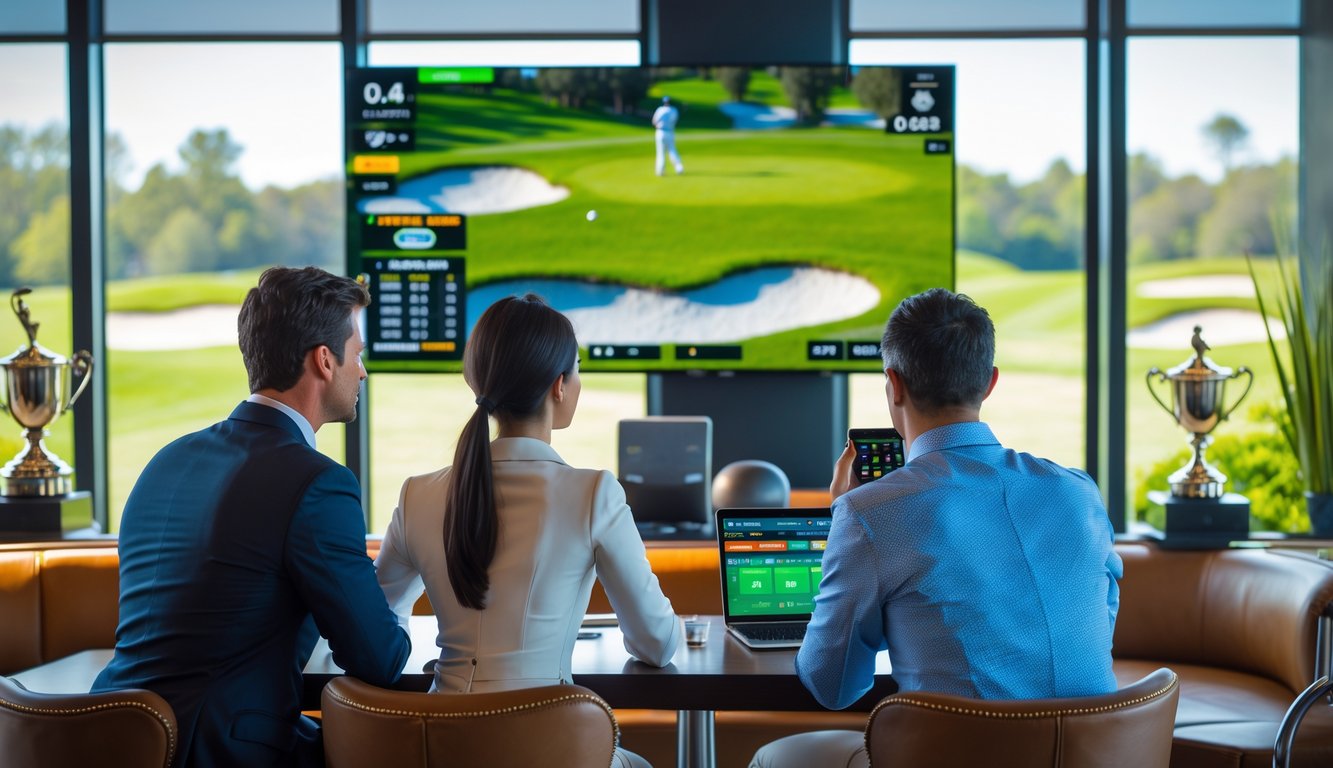Dua orang sedang menonton turnamen golf di televisi sambil melihat perangkat digital untuk taruhan langsung di sebuah ruang santai.