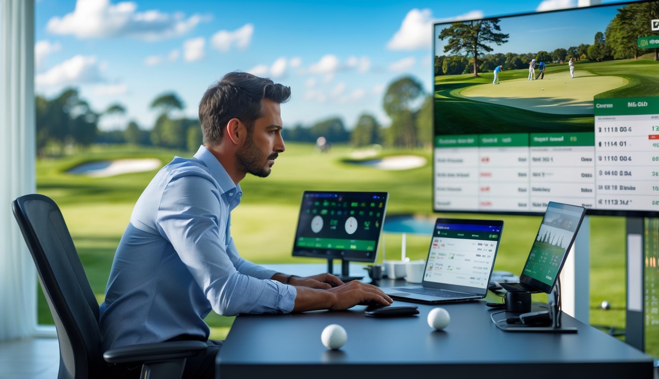 Seorang pria duduk di meja dengan perangkat digital menampilkan skor golf langsung dan taruhan saat turnamen golf berlangsung di layar besar di latar belakang.